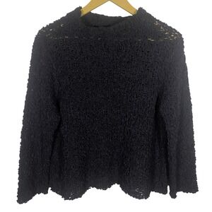 Eileen Fisher Black Crochet Open Stretch Knit Mock Neck Sweater L Italian Yarn